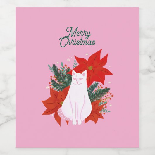 Vrolijke Kerstmis Bloemen Kat Wijn Etiket (Enkel label)