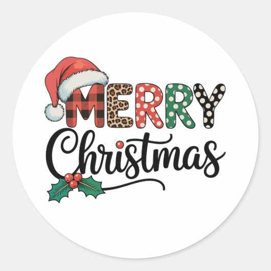 Vrolijke Kerstmis Buffalo Plaid Santa Hat Love Xma Ronde Sticker (Voorkant)