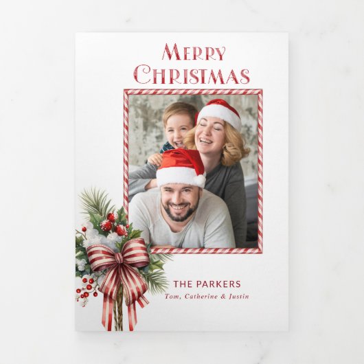 Vrolijke Kerstmis Candy Cane Bow Foto Drieluik Kaart (Cover)