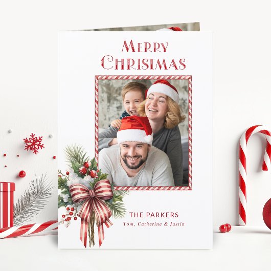 Vrolijke Kerstmis Candy Cane Bow Foto Feestdagen Kaart