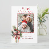 Vrolijke Kerstmis Candy Cane Bow Foto Feestdagenkaart (Staand voorkant)