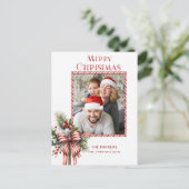 Vrolijke Kerstmis Candy Cane Bow Foto Feestdagenkaart (Staand voorkant)