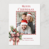 Vrolijke Kerstmis Candy Cane Bow Foto Feestdagenkaart (Voorkant)