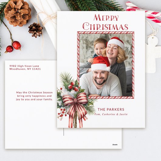 Vrolijke Kerstmis Candy Cane Bow Foto Feestdagenkaart
