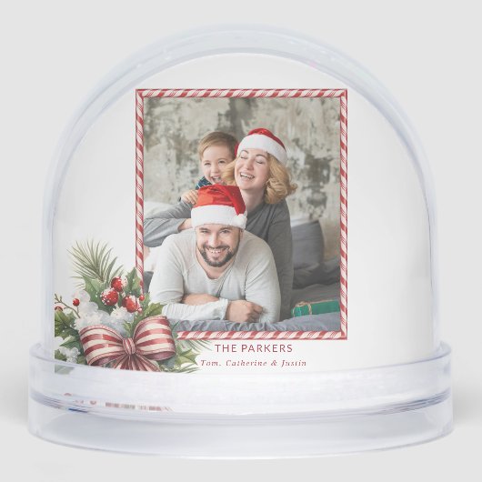Vrolijke Kerstmis Candy Cane Bow Foto Sneeuwbol (Voorkant)