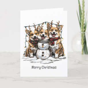 Vrolijke Kerstmis Corgi Honden Sneeuwman Feestdagen Kaart