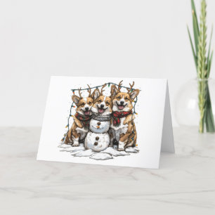 Vrolijke Kerstmis Corgi Honden Sneeuwman Feestdagen Kaart