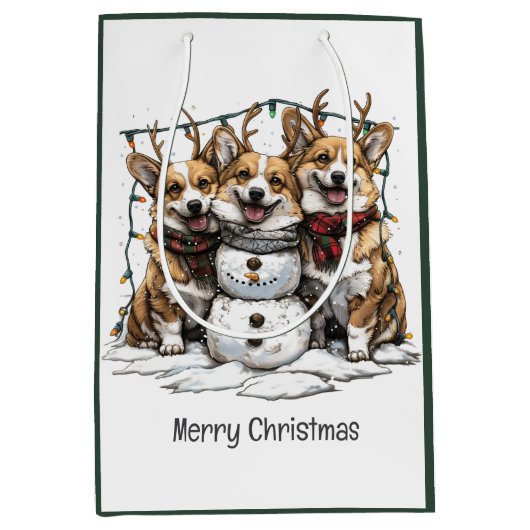 Vrolijke Kerstmis Corgi Honden Sneeuwman Medium Cadeauzakje (Voorkant)