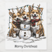 Vrolijke Kerstmis Corgi Honden Sneeuwman Wijn Etiket (Enkel label)