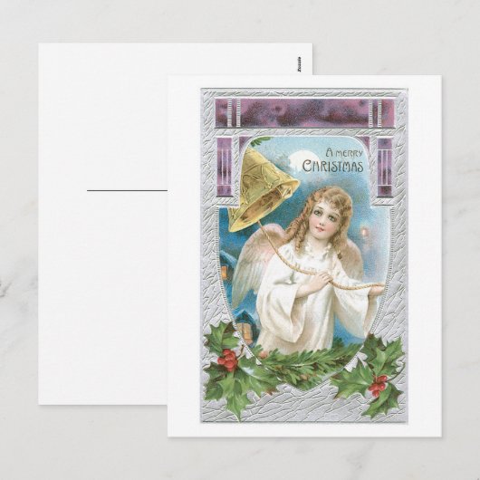 Vrolijke Kerstmis - de Engel belt de Klok van Feestdagenkaart (Voorkant / Achterkant)