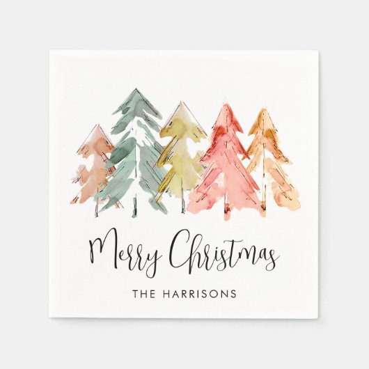 Vrolijke Kerstmis dennenbomen Waterverf Vakantie Servet (Voorkant)