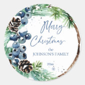 Vrolijke Kerstmis dennenkrans blauwe winterbessen Ronde Sticker (Voorkant)