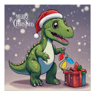 Vrolijke Kerstmis Dinosaurus met Cadeau Perfect Poster