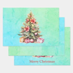 Vrolijke Kerstmis Drie Stijl Kerstboom Inpakpapier Vel