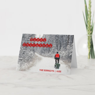 Vrolijke Kerstmis - Fietser die naar huis de Boom Feestdagen Kaart