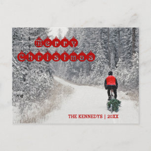 Vrolijke Kerstmis - Fietser die naar huis de Boom Feestdagenkaart