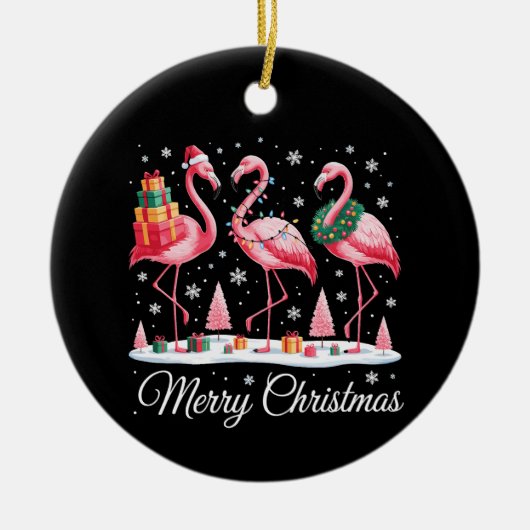Vrolijke Kerstmis Flamingo Light Santa Hat Kerstmi Keramisch Ornament (Voorkant)