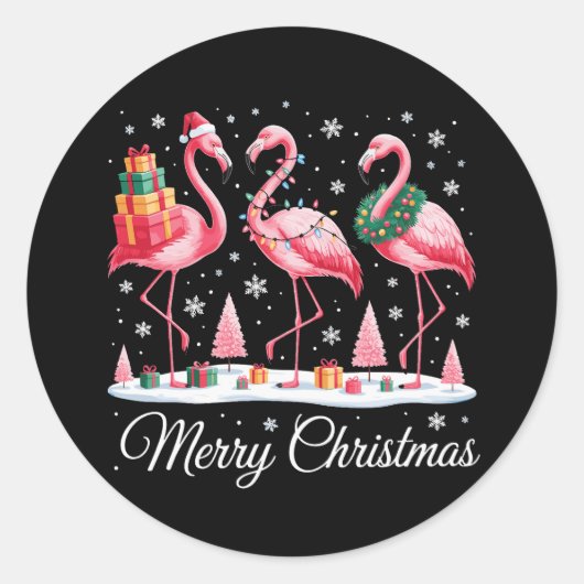 Vrolijke Kerstmis Flamingo Light Santa Hat Kerstmi Ronde Sticker (Voorkant)