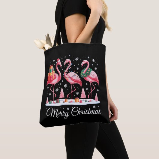 Vrolijke Kerstmis Flamingo Light Santa Hat Kerstmi Tote Bag (Dichtbij)