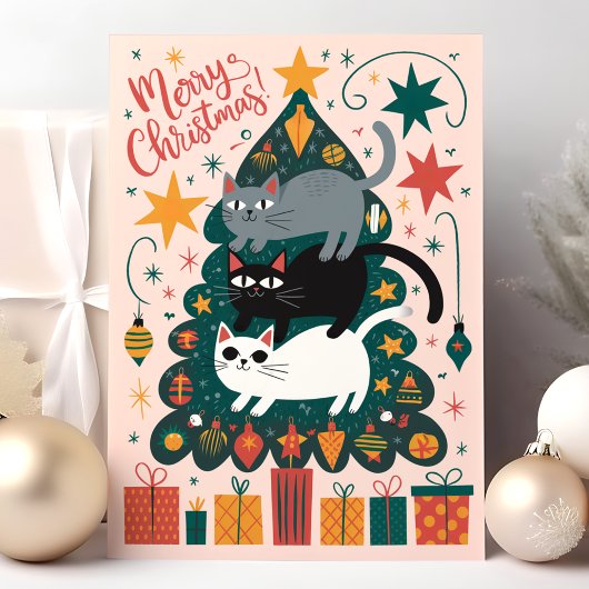 Vrolijke Kerstmis Gestapelde Katten Feestdagen Kaart