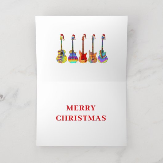 Vrolijke Kerstmis Gitaren Dragen Santa hoeden Goud Folie Feestdagenkaart (Binnenlaag)