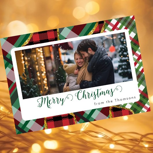 Vrolijke Kerstmis glitter geruite raster foto Feestdagenkaart