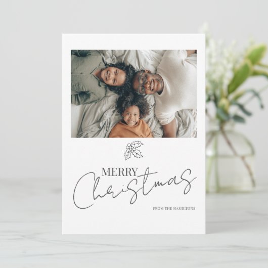Vrolijke Kerstmis Holly Fotokaart Feestdagenkaart (Staand voorkant)