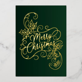 Vrolijke Kerstmis Holly Groene Groet Folie Feestdagenkaart