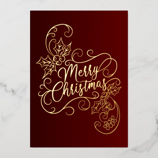 Vrolijke Kerstmis Holly Rode Groet Folie Feestdagenkaart (Voorkant)