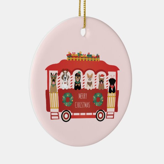 Vrolijke Kerstmis Honden Vakantie Trolly Keramisch Ornament (Rechts)