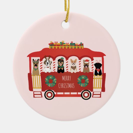 Vrolijke Kerstmis Honden Vakantie Trolly Keramisch Ornament (Voorkant)