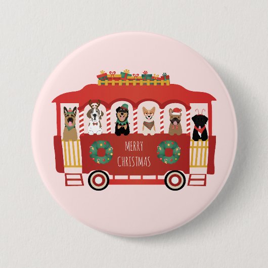 Vrolijke Kerstmis Honden Vakantie Trolly Ronde Button 7,6 Cm (Voorkant)