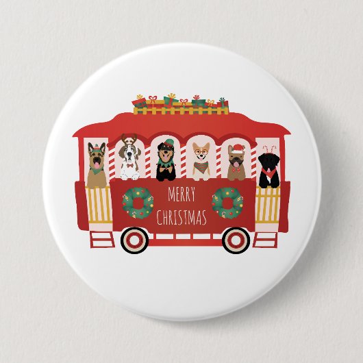 Vrolijke Kerstmis Honden Vakantie Trolly Ronde Button 7,6 Cm (Voorkant)