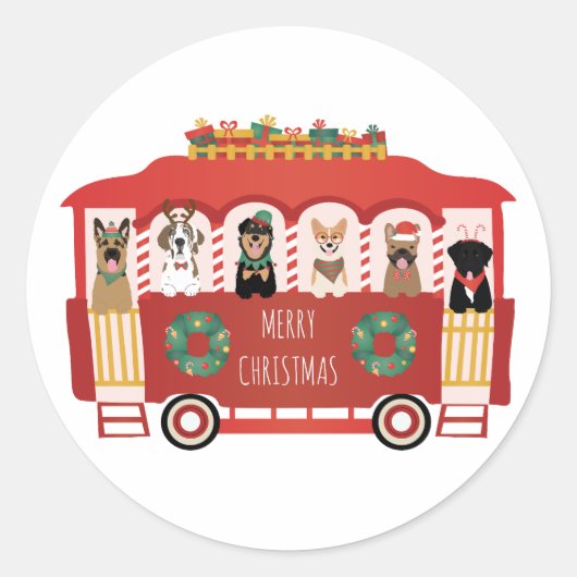 Vrolijke Kerstmis Honden Vakantie Trolly Ronde Sticker (Voorkant)