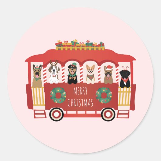 Vrolijke Kerstmis Honden Vakantie Trolly Ronde Sticker (Voorkant)