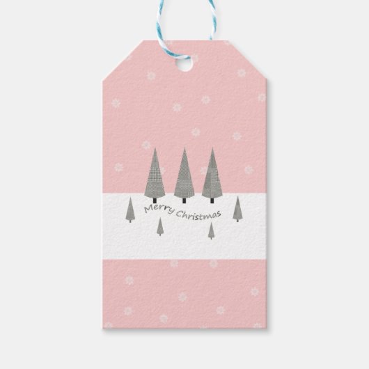 Vrolijke Kerstmis Houndstooth Patroon Boom op roze Cadeaulabel (Voorkant)