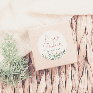 Vrolijke Kerstmis Kalligrafie & Familienaam Groen Ronde Sticker