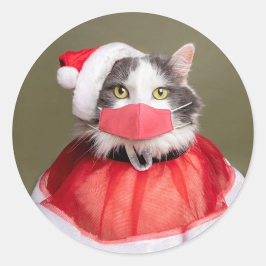 Vrolijke Kerstmis Kat in Santa Outfit en Gezichtsm Ronde Sticker (Voorkant)