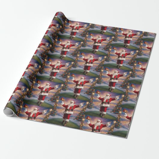 Vrolijke Kerstmis Kerstman en Kerstbomen Cadeaupapier (Uitgerold)