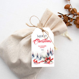 Vrolijke Kerstmis klassieke rode balletjes en denn Cadeaulabel