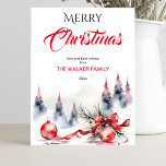 Vrolijke Kerstmis klassieke rode balletjes en denn Feestdagenkaart<br><div class="desc">Vrolijk kerstklassiek traditioneel rood balletjes en rood lint besneeuwde spar bomen waterverf briefkaart</div>