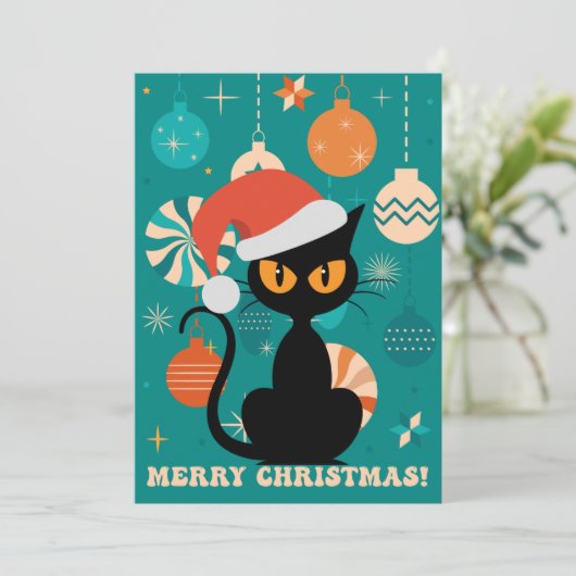 Vrolijke Kerstmis MidCentury Moderne Kat in Santa  Feestdagenkaart (Staand voorkant)