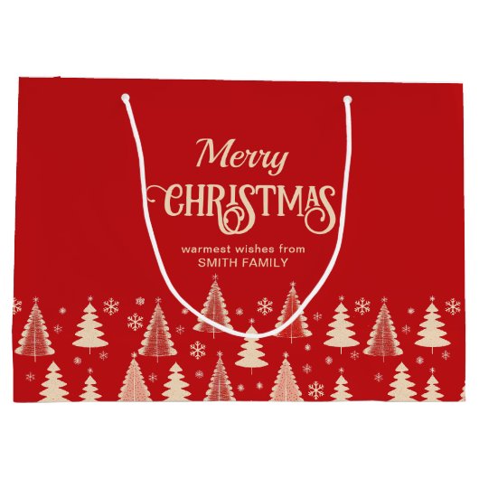 Vrolijke Kerstmis mideeuw rode beige bomen Groot Cadeauzakje (Achterkant)