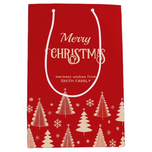 Vrolijke Kerstmis mideeuw rode beige bomen Medium Cadeauzakje (Voorkant)