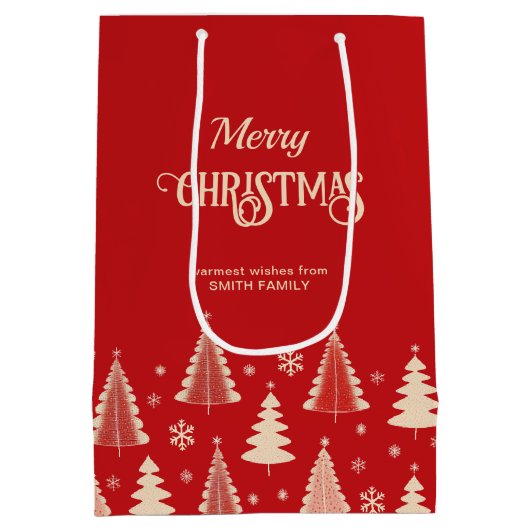 Vrolijke Kerstmis mideeuw rode beige bomen Medium Cadeauzakje (Achterkant)