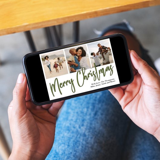 Vrolijke Kerstmis Multi Foto Groene Kalligrafie Feestdagenkaart