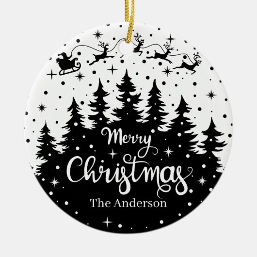 Vrolijke Kerstmis Pine Santa Claus Rendier Sleigh Keramisch Ornament (Voorkant)