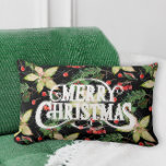 Vrolijke Kerstmis Poinsettias Vakantie Kussen<br><div class="desc">Vrolijk kerstfeest op een achtergrond van witte poinsettias,  bladeren en bessen op zwart zijn te zien op dit feestelijke vakantiekussen beschikbaar in verschillende maten en stijlen. OVEREENKOMENDE objecten in ons collectie.</div>