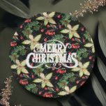 Vrolijke Kerstmis Poinsettias Vakantie Papieren Bordje<br><div class="desc">Vrolijk kerstfeest op een achtergrond van witte poinsettias,  bladeren en bessen op zwart zijn te zien op deze vakantie papieren borden. OVEREENKOMENDE objecten in ons collectie.</div>
