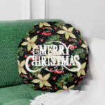 Vrolijke Kerstmis Poinsettias Vakantie Rond Kussen<br><div class="desc">Vrolijk kerstfeest op een achtergrond van witte poinsettias,  bladeren en bessen op zwart zijn te zien op dit feestelijke vakantie rond kussen beschikbaar in verschillende maten en stijlen. OVEREENKOMENDE objecten in ons collectie.</div>